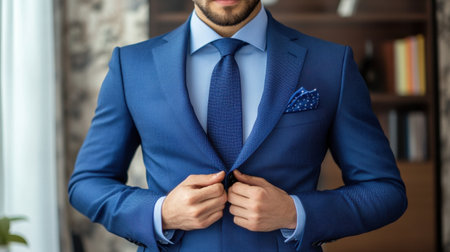 A professional male dressed in a tailored blue suit adjusts his jacket in an elegant indoor setting, showcasing confidence and style for business occasions.の素材