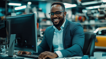 Happy auto shop salesman using a computer to make a sale, surrounded by car parts and a modern shop environmentの素材