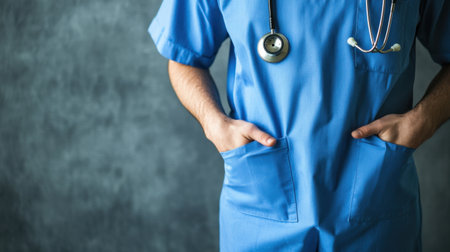A healthcare professional stands confidently in blue scrubs, with a stethoscope around the neck. Perfect for medical themes, healthcare services, and professionalism.の素材