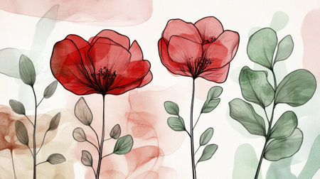 Hand-drawn botanical line art featuring flowers and eucalyptus leaves in red and green watercolor, perfect for wall art or prints.の素材