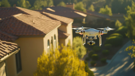 A drone is captured in flight over a serene residential area. Surrounded by lush greenery and homes, this image highlights technology in action within a picturesque backdrop.の素材