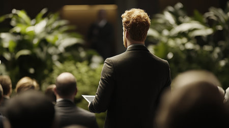 Man in a sharp suit presents ideas to a group of people in a corporate environment, emphasizing leadership and communication.の素材