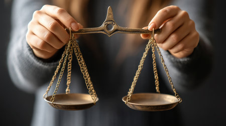 Close-up view of hands holding traditional brass scales of justice, symbolizing fairness and balance in legal matters, representing the principle of equality.の素材