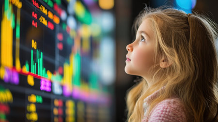 A young girl gazes in awe at a colorful stock market display, symbolizing curiosity and hope for the future. Captured indoors, her expression reflects wonder and ambition.の素材
