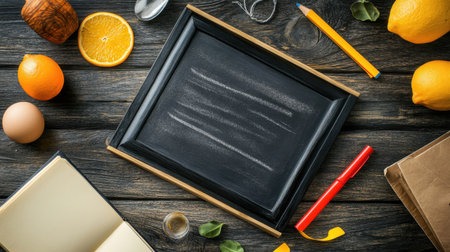 Wide old black wooden table with a chalkboard surface, surrounded by rustic food ingredients for a college or back-to-school conceptの素材