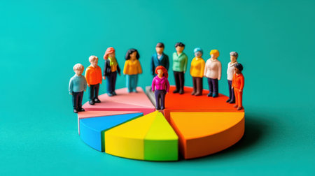 Miniature figurines representing various demographic groups, displayed with a colorful pie chart showing data segmentation and analysisの素材