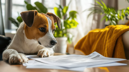 Person at home filling out a pet insurance form with a pet by their side, showing responsibility for their furry friend health and safetyの素材