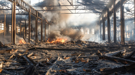 This powerful image captures the aftermath of a destructive fire in an abandoned warehouse. The contrast of smoke and flames creates a haunting atmosphere.の素材