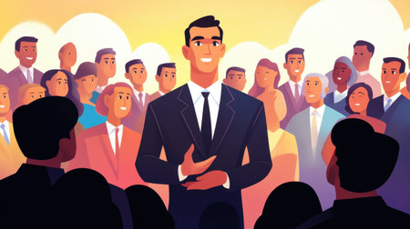 Professional man in a tailored suit addresses a diverse audience, leading a business meeting or seminar.の素材