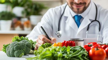 Nutritionist writing a healthy eating plan with fresh vegetables in the foreground, emphasizing nutrition and balanced meal planningの素材