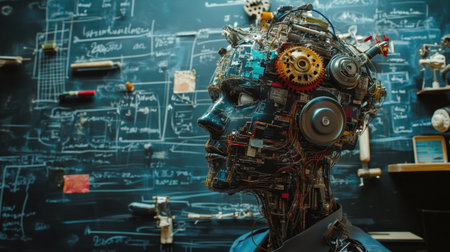 A close-up view of a futuristic robot head showcasing intricate mechanical components, gears, and circuitry, representing advanced technology and creativity.の素材