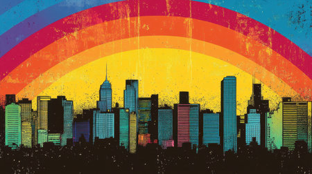 Sunset over a modern city with skyscrapers silhouetted against the horizon, retro pop art style with a vintage comic flair, capturing the essence of urban lifeの素材