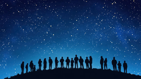 Silhouettes of people standing together on a hill at night, gazing upwards, symbolizing unity and curiosity about the universe.の素材