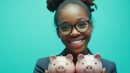 Woman joyfully holding two piggy banks against a bright background, conveying the concept of budgeting and wealth management.の素材