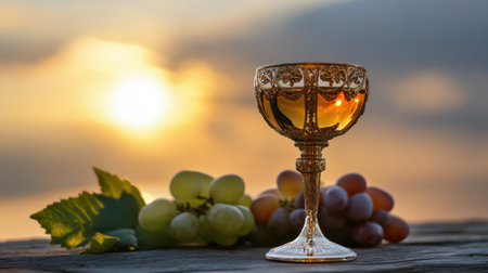 A beautifully arranged golden chalice stands beside fresh grapes against a stunning sunset, capturing a moment of elegance and tranquility in a perfect outdoor setting.の素材