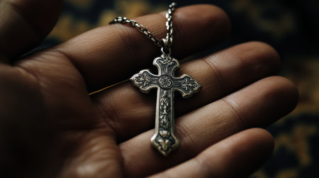 This image captures a detailed ornate silver cross pendant held delicately in a person's hand, symbolizing faith and spirituality. The craftsmanship shines beautifully, creating a heartfelt connection.の素材