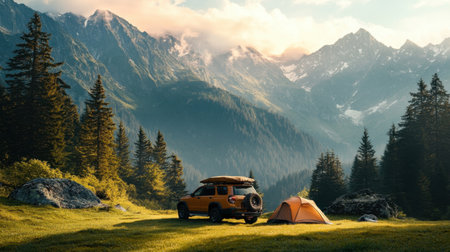 A stunning mountain landscape featuring a parked SUV and a cozy camping tent. Enjoy the serene atmosphere and vibrant nature in this perfect outdoor getaway.の素材