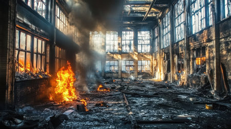 An abandoned warehouse engulfed in flames, with smoke rising from charred remnants. The scene captures an atmosphere of destruction and chaos, revealing the stark reality of decay.の素材