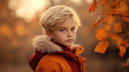 A captivating portrait of a young boy with fair hair in an orange jacket amid autumn leaves. The serene expression evokes childhood innocence and warmth.の素材