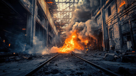 A vivid depiction of a fire blazing in an abandoned industrial building, with thick smoke billowing and shadows highlighting the dramatic atmosphere of chaos and decay.の素材