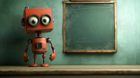 A charming red robot character stands beside an empty chalkboard in a whimsical classroom setting, perfect for educational themes and playful designs.の素材