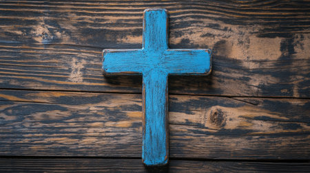 A rustic blue wooden cross rests on a textured dark brown wooden surface. This artistic piece symbolizes faith, spirituality, and tranquility, perfect for home decor.の素材
