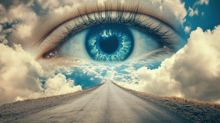 A surreal image featuring a large, vibrant blue eye emerging from clouds above an empty road. This artwork symbolizes vision, dreams, and the journey of life.の素材