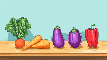 A vibrant arrangement of fresh vegetables including carrot, radish, eggplant, and bell pepper set on a wooden table. Ideal for promoting healthy eating and organic produce.の素材