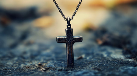 Close-up view of a black cross necklace resting on a natural stone surface. This image captures themes of faith and spirituality in a serene environment.の素材