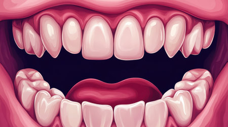 A vibrant and colorful illustration showcasing an open mouth displaying clean teeth and healthy gums. Perfect for dental health themes, educational content, and oral hygiene promotion.の素材