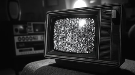 A vintage television set displaying static in black and white, creating a nostalgic atmosphere. The retro design adds a classic touch to any space.の素材