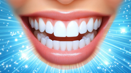 A vibrant close-up of a bright smile showcasing sparkling white teeth. The radiant expression conveys joy and confidence, perfect for dental and beauty themes.の素材