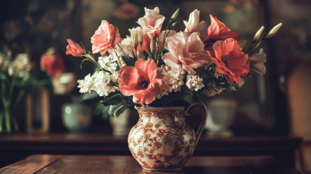 A beautiful floral arrangement featuring soft pink and white blooms in an elegant vintage vase, set atop a wooden table that evokes a serene and tranquil atmosphere.の素材