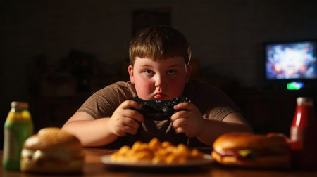 A focused young boy engages intensely with a video game controller in hand, surrounded by various snacks and drinks, capturing a modern gaming experience at home.の素材