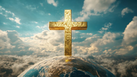 A striking image of a golden cross illuminating the earth below, set against a dramatic sky filled with clouds. This visual evokes feelings of hope and spirituality.の素材