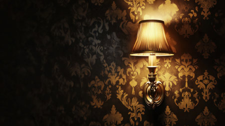 A beautifully designed wall sconce lamp casts a warm glow against vintage decorative wallpaper, creating an elegant and inviting atmosphere for any space.の素材