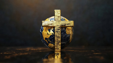 This image features a golden cross prominently placed over a beautifully designed globe, symbolizing faith and unity across diverse cultures around the world.の素材