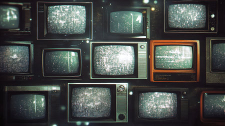 A captivating collection of vintage television sets showcasing static and distorted signals, creating a nostalgic atmosphere perfect for retro-themed projects.の素材