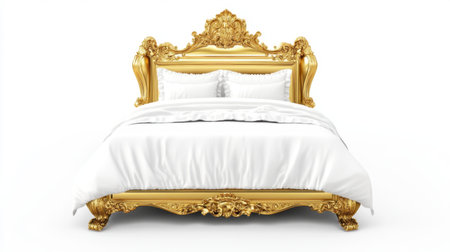 Discover a luxurious golden bed with an ornate design and pristine white bedding, perfect for adding elegance and comfort to any bedroom space.の素材