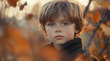 A mesmerizing portrait of a thoughtful boy nestled among autumn leaves, capturing the essence of innocence and serenity in a dreamy sunlight ambiance.の素材
