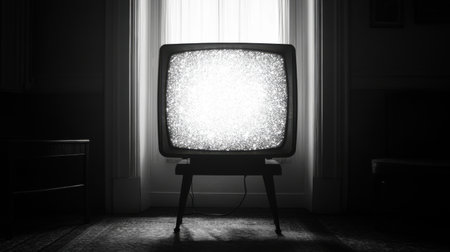 A vintage television stands in a dim room, displaying static noise. This nostalgic scene captures the essence of old technology and a bygone era.の素材