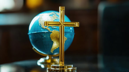 A captivating image featuring a golden cross and a globe on a table, symbolizing the intersection of faith and global connection, inspiring reflection and unity.の素材