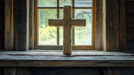 A rustic wooden cross resting on a windowsill, with natural sunlight filtering through. The serene interior captures a moment of reflection and tranquility.の素材