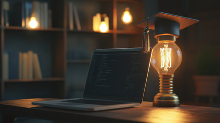 A stylish graduate lamp casts warm light over a laptop on a wooden table, surrounded by books. This cozy setup captures the essence of modern learning and inspiration.の素材