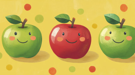 Delightful cartoon apples featuring happy faces in bright colors on a sunny yellow background. Perfect for children's themes, food illustrations, and playful designs.の素材