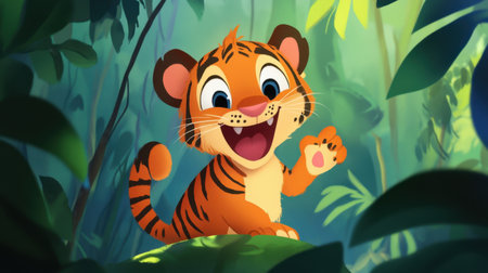 A joyful cartoon tiger cub waves hello with a big smile in a vibrant jungle scene. The artwork captures the essence of playfulness and adventure in nature.の素材