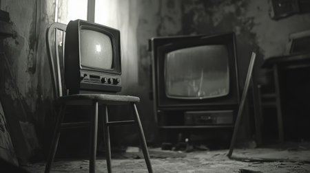 An evocative black and white image of a vintage television sitting on a chair in an abandoned room, surrounded by decay and dust, creating a nostalgic atmosphere.の素材