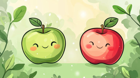 Adorable illustration of two smiling apples, one green and one red, set against a light green background with soft leaves, exuding joy and freshness.の素材
