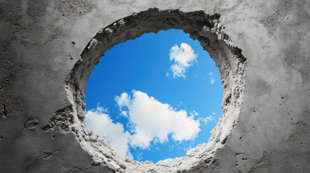 A circular hole in a weathered concrete wall showcases a serene blue sky filled with fluffy clouds. This image symbolizes freedom and escape.の素材