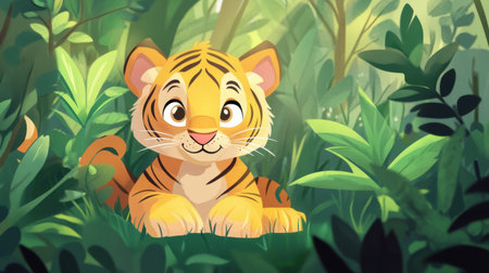 This charming illustration features a cute cartoon baby tiger lounging in a vibrant jungle, surrounded by lush greenery and soft light, perfect for children themes.の素材